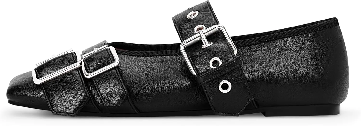 Women's Square Toe Ballet Flats with Buckle Straps Comfortable Mary Jane Shoes