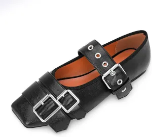 Women's Square Toe Ballet Flats with Buckle Straps Comfortable Mary Jane Shoes
