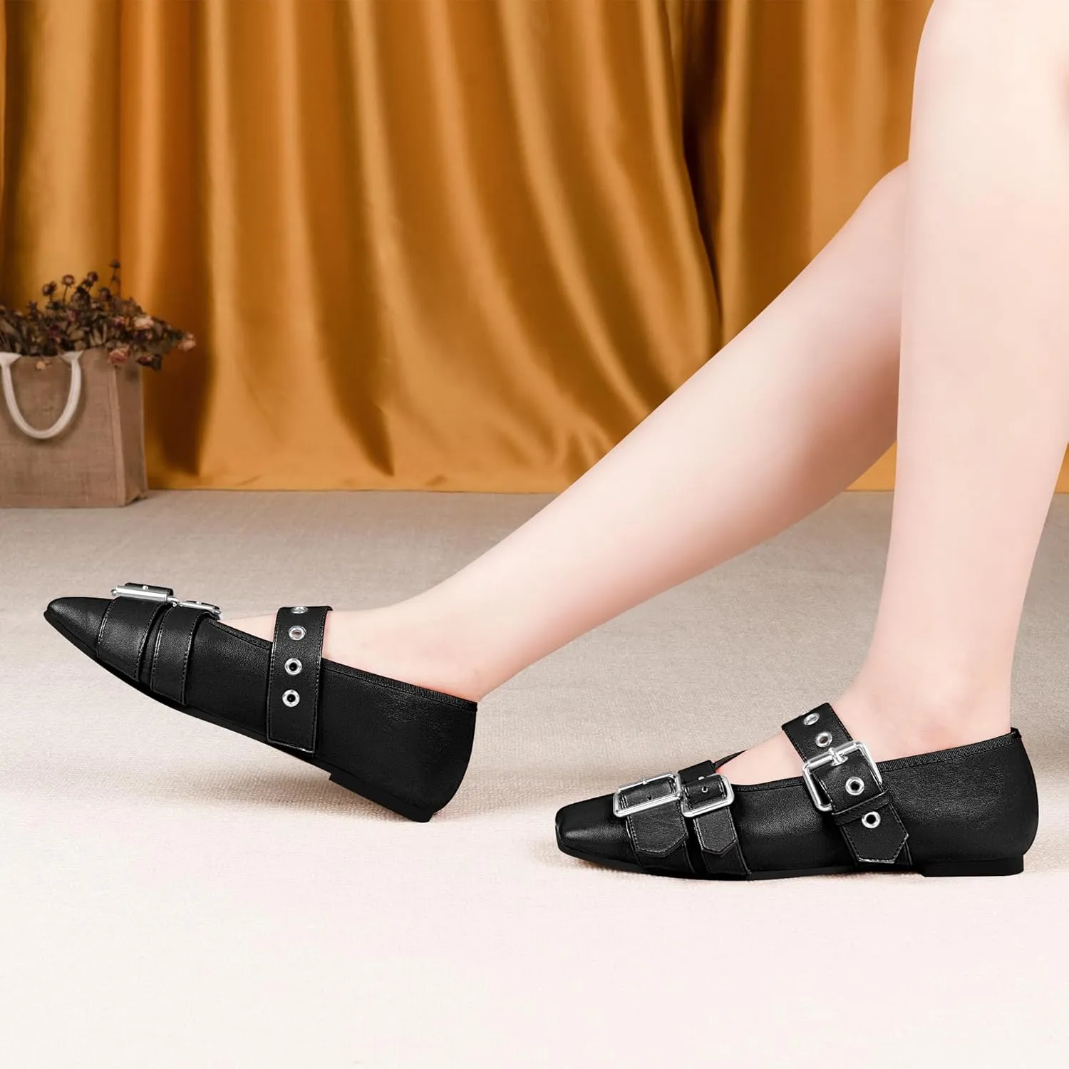Women's Square Toe Ballet Flats with Buckle Straps Comfortable Mary Jane Shoes