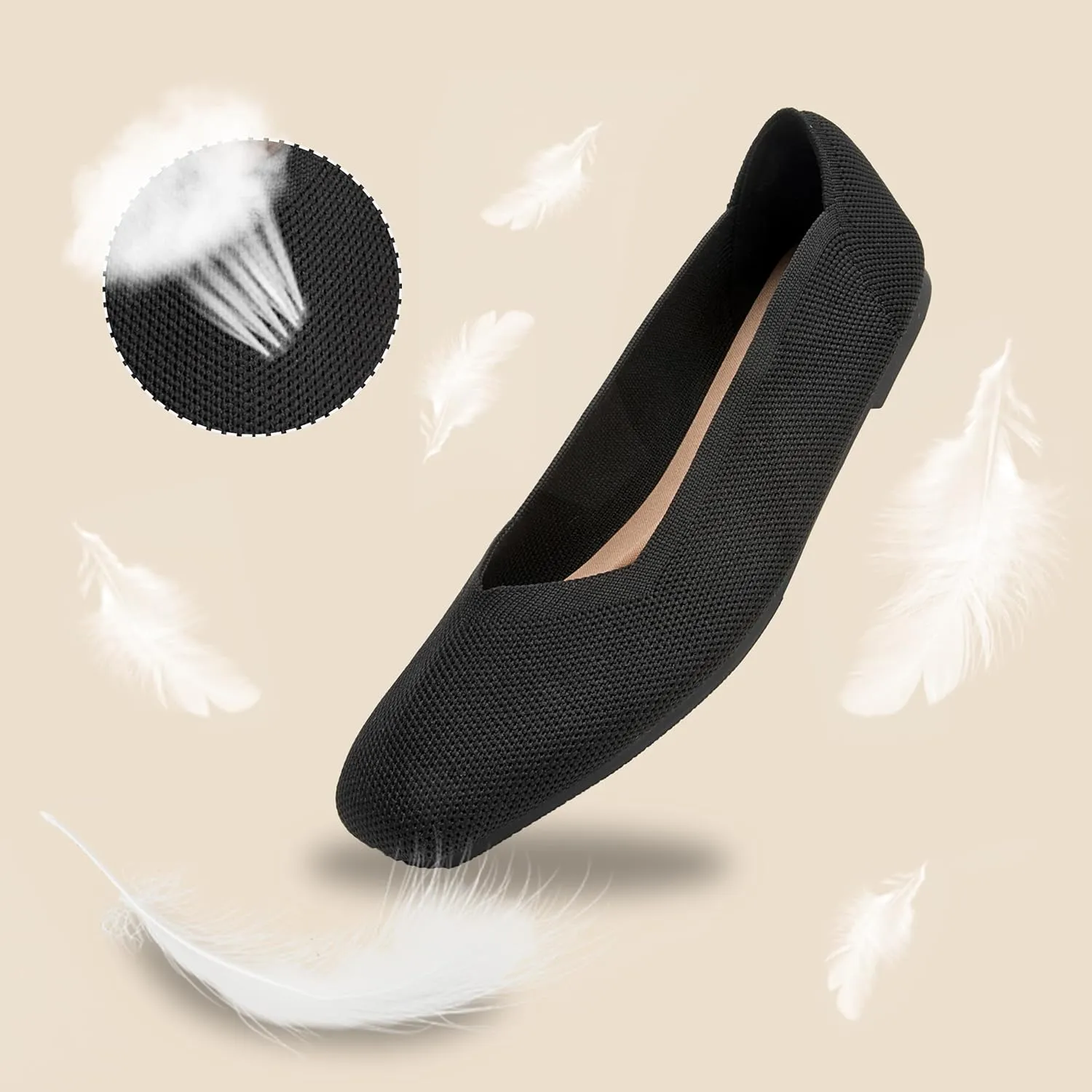 Womens Square Toe Flats Knit Ballet Shoes Comfort Dress Shoes Classic Softable Low Slip On Flats for Women