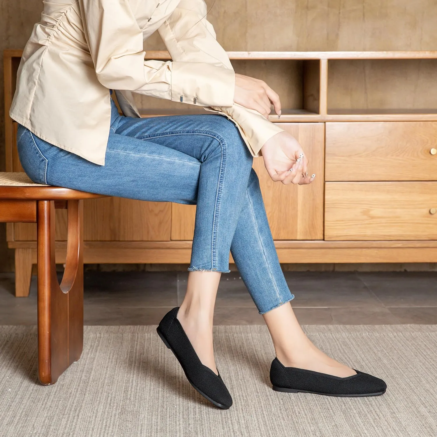 Womens Square Toe Flats Knit Ballet Shoes Comfort Dress Shoes Classic Softable Low Slip On Flats for Women