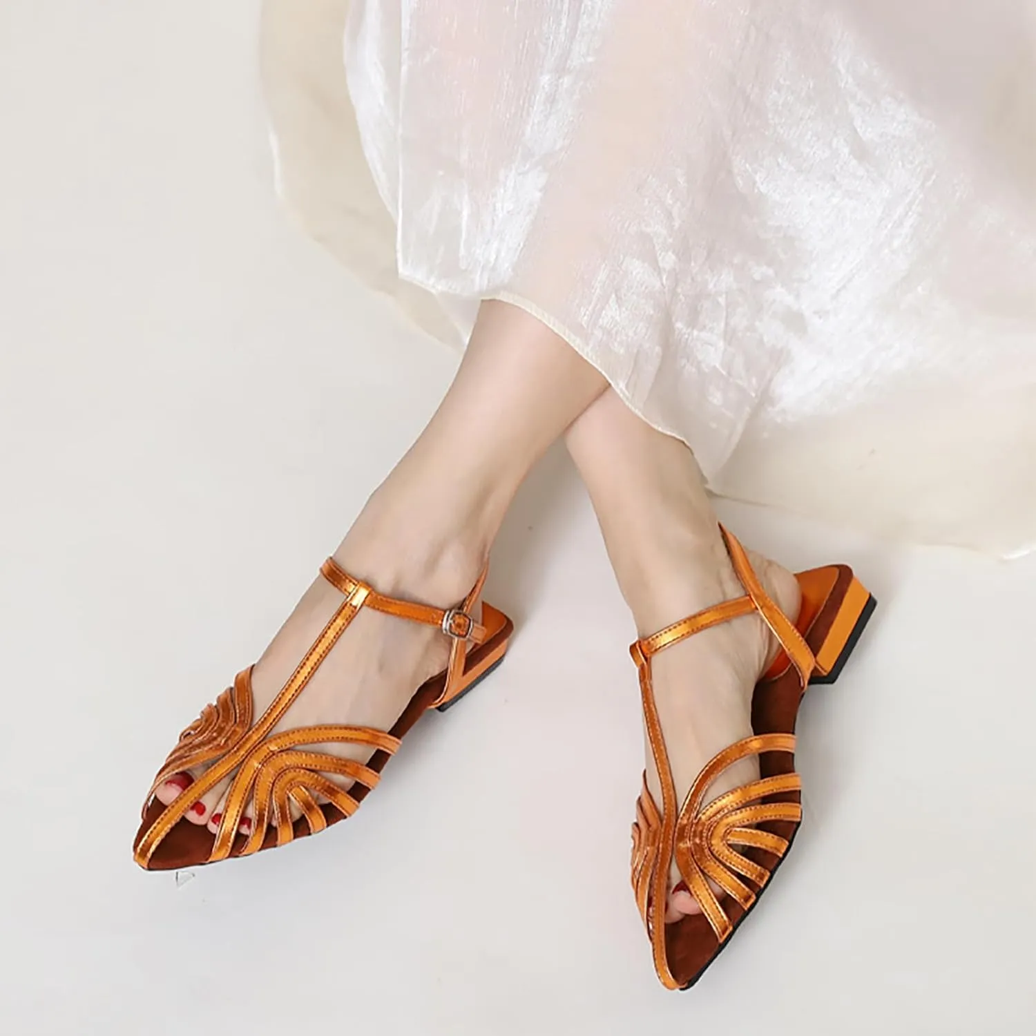 Women'S Strappy Pointed Closed Toe Low Chunky Heel Roman Sandals Fashion Adjustable Buckle Cut Out Cage Comfortable Flat Fisherman Sandals Casual Summer Breathable T Strap Beach Sandals