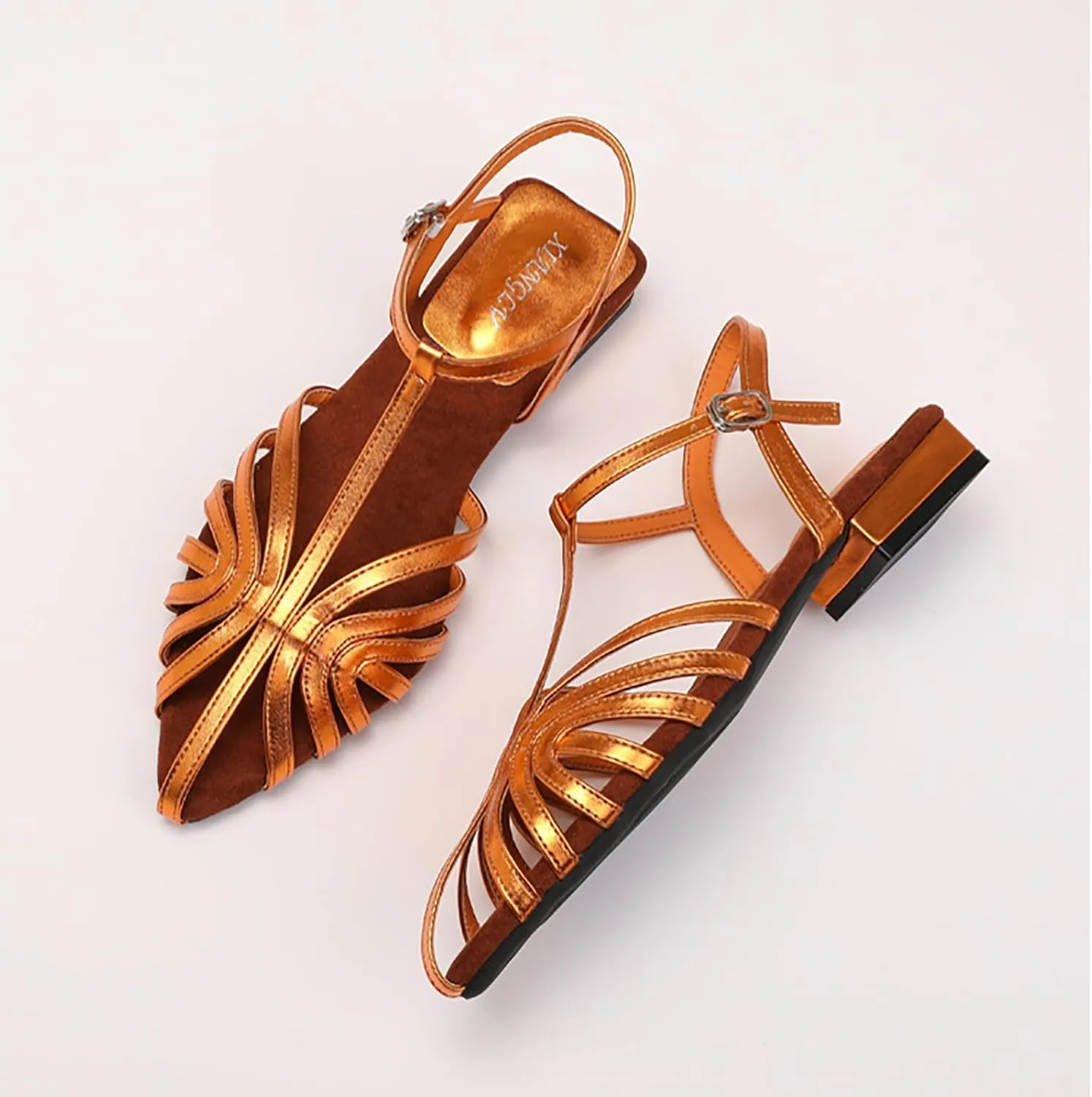 Women'S Strappy Pointed Closed Toe Low Chunky Heel Roman Sandals Fashion Adjustable Buckle Cut Out Cage Comfortable Flat Fisherman Sandals Casual Summer Breathable T Strap Beach Sandals