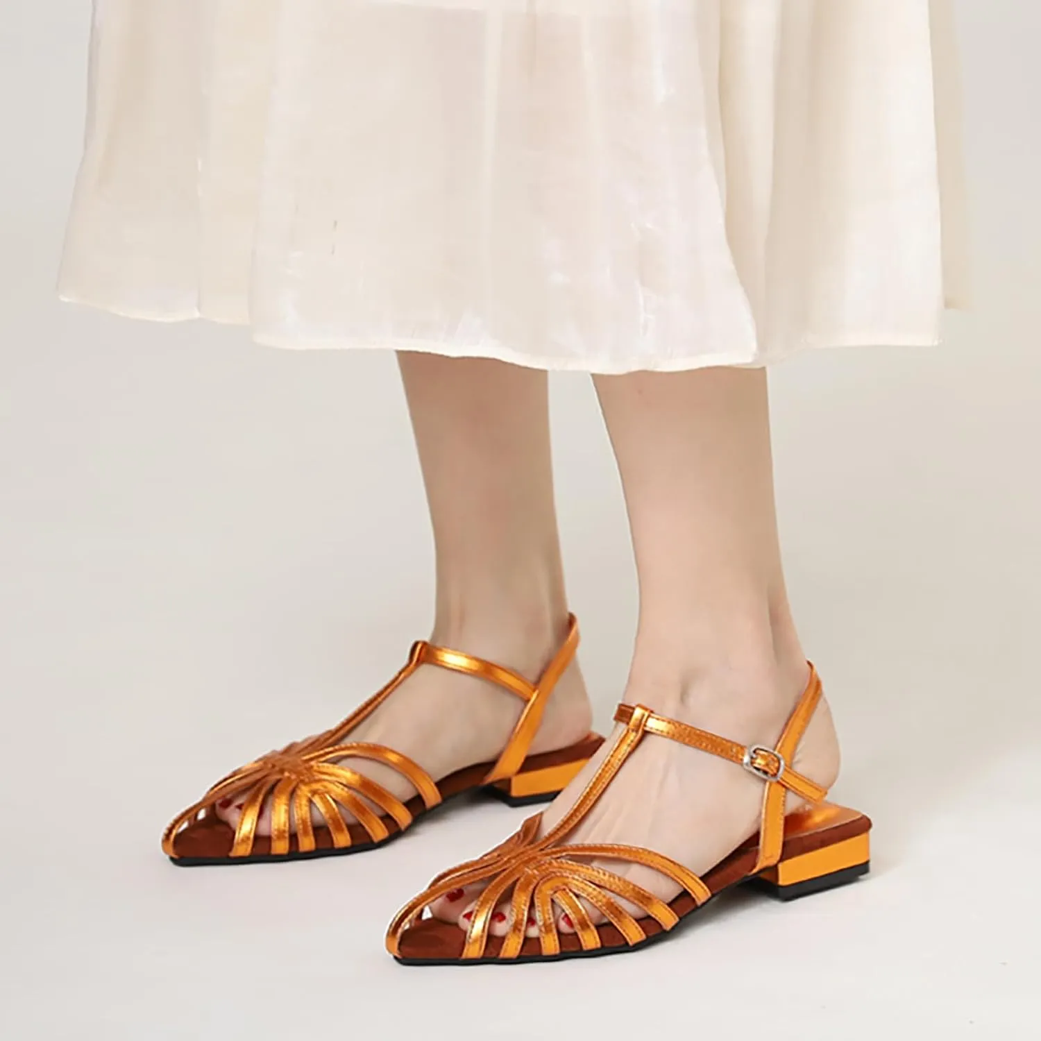 Women'S Strappy Pointed Closed Toe Low Chunky Heel Roman Sandals Fashion Adjustable Buckle Cut Out Cage Comfortable Flat Fisherman Sandals Casual Summer Breathable T Strap Beach Sandals