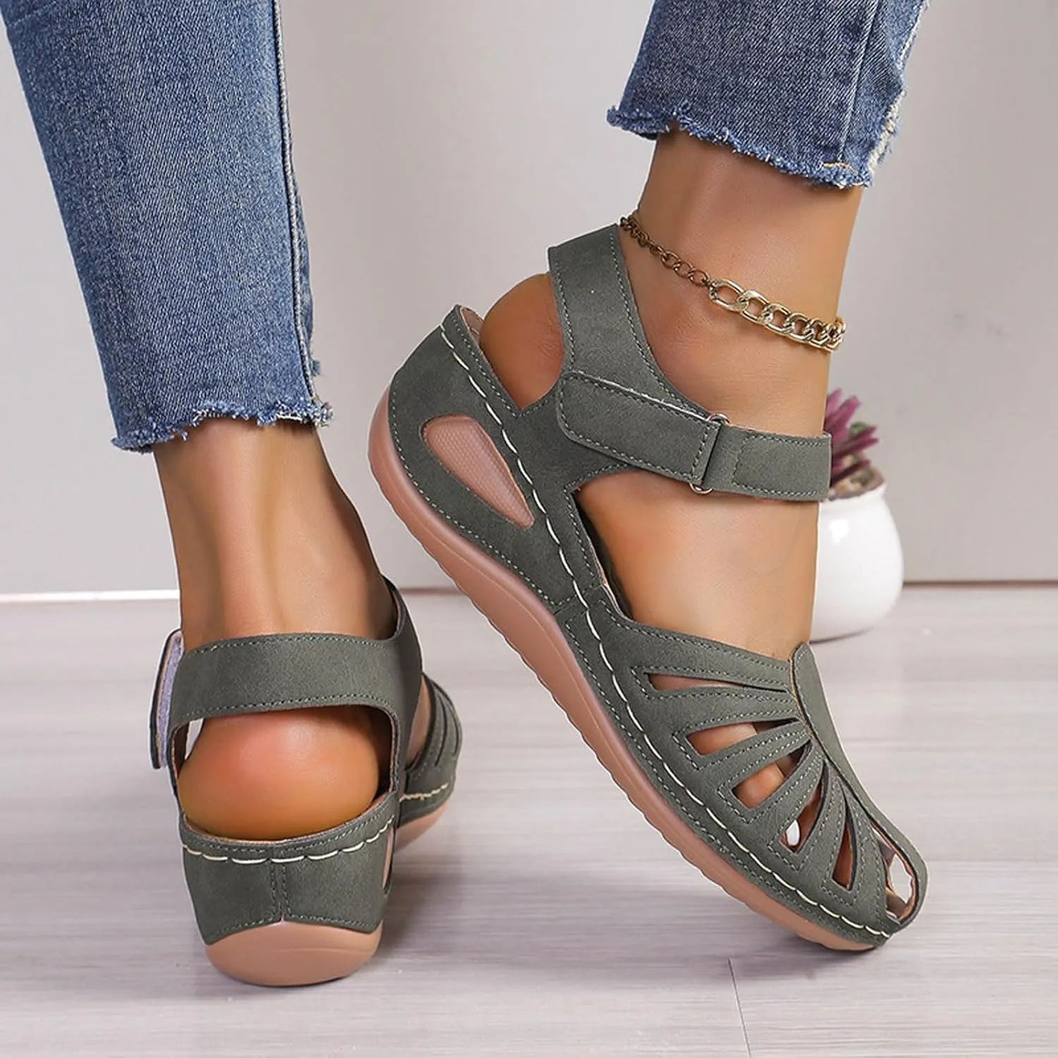 Womens Summer Bohemia Orthopedic Sandals, Vintage Casual Hollow Out Sandals Closed Toe Breathable Ankle Strap Platform Sandal