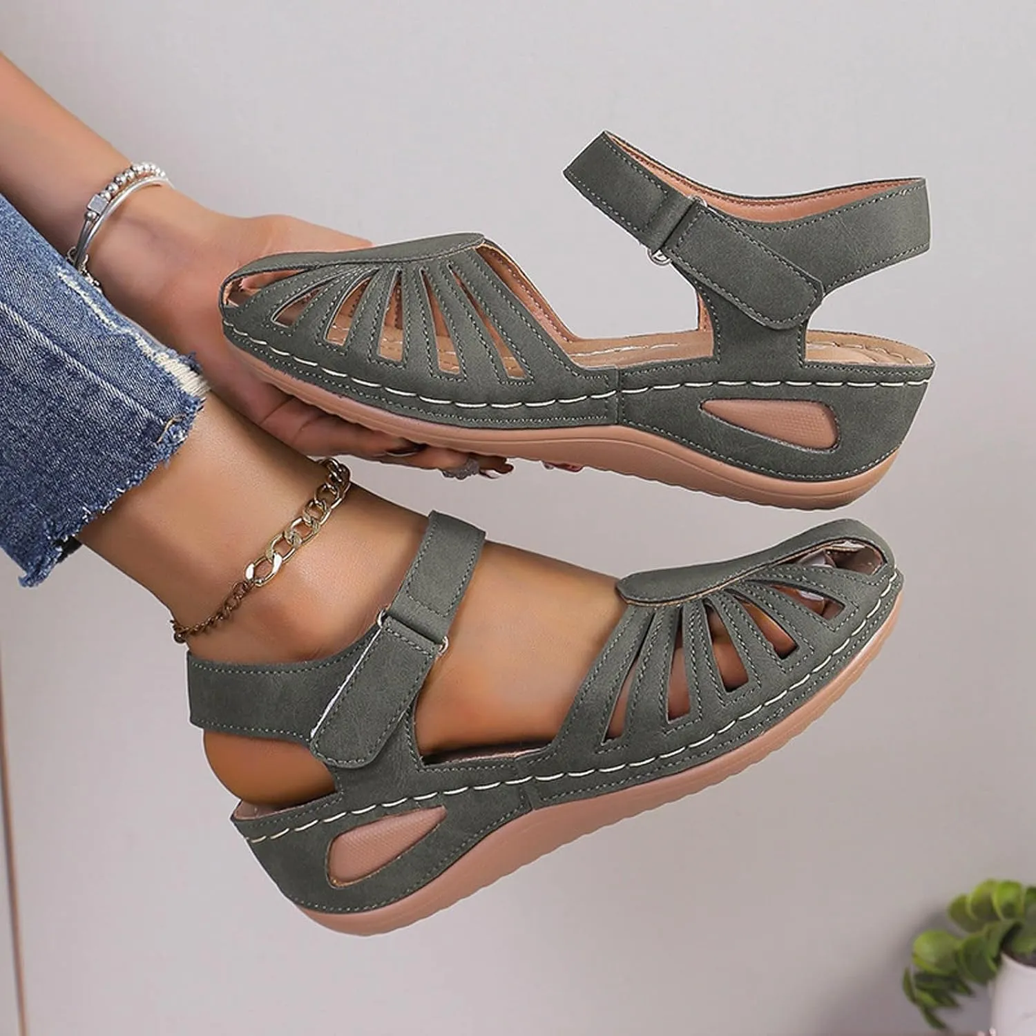 Womens Summer Bohemia Orthopedic Sandals, Vintage Casual Hollow Out Sandals Closed Toe Breathable Ankle Strap Platform Sandal