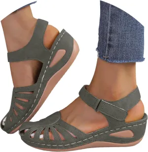 Womens Summer Bohemia Orthopedic Sandals, Vintage Casual Hollow Out Sandals Closed Toe Breathable Ankle Strap Platform Sandal