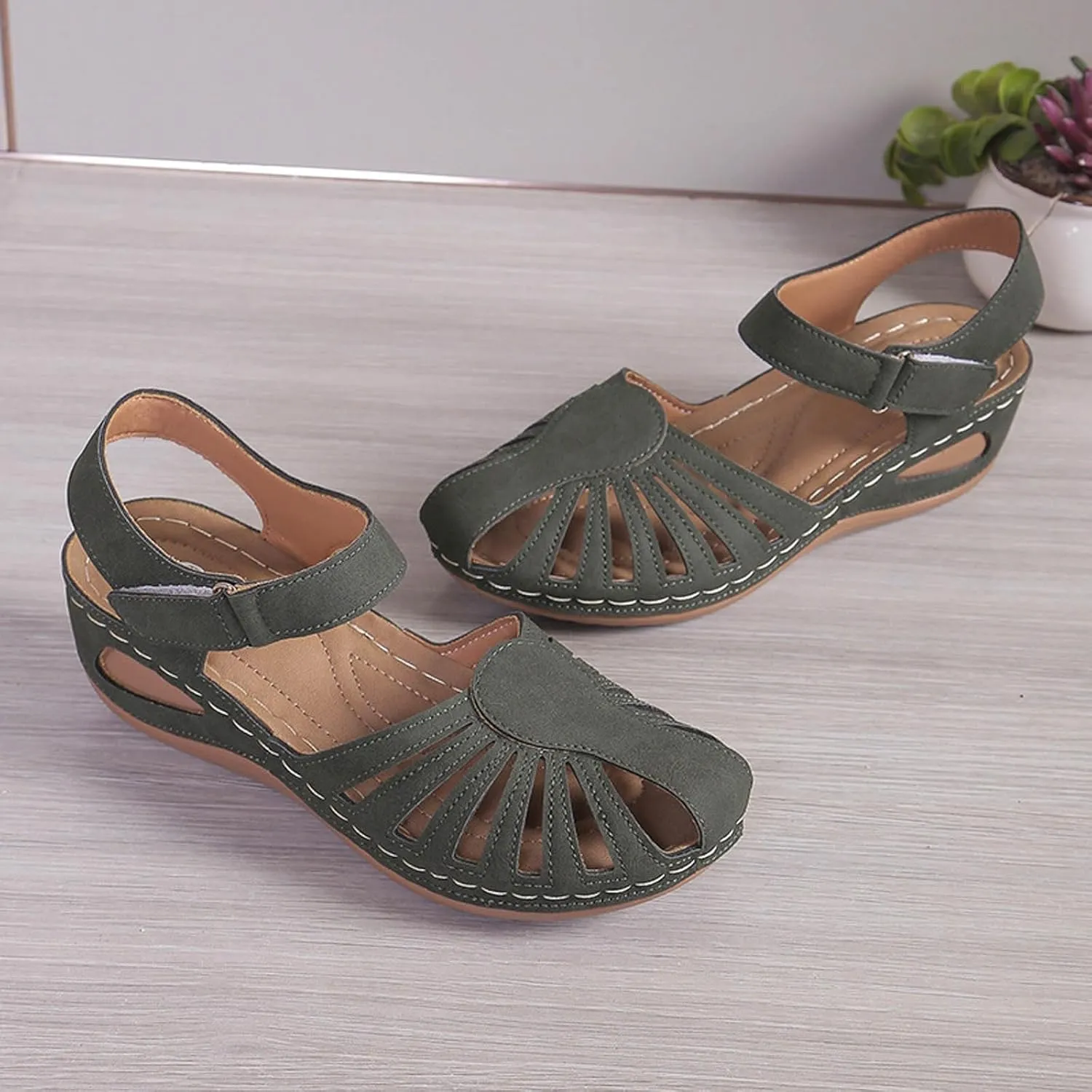 Womens Summer Bohemia Orthopedic Sandals, Vintage Casual Hollow Out Sandals Closed Toe Breathable Ankle Strap Platform Sandal