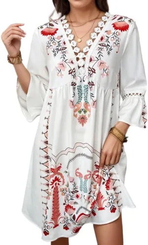 Women's Summer Floral Lace Patchwork Flare 3/4 Sleeve Mini Dress Casual Fit Boho V Neck Empire Waist Vacation Dresses