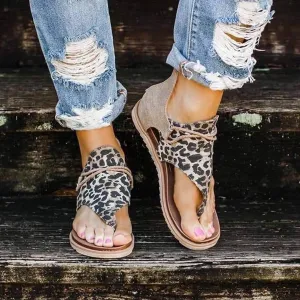 Women's Summer Gladiator Sandals Casual Comfortable Flip Flops Beach Shoes Ankle T-Strap Fashion Flat Heel Slip On Sandals for Summer (US6, Leopard Printed)