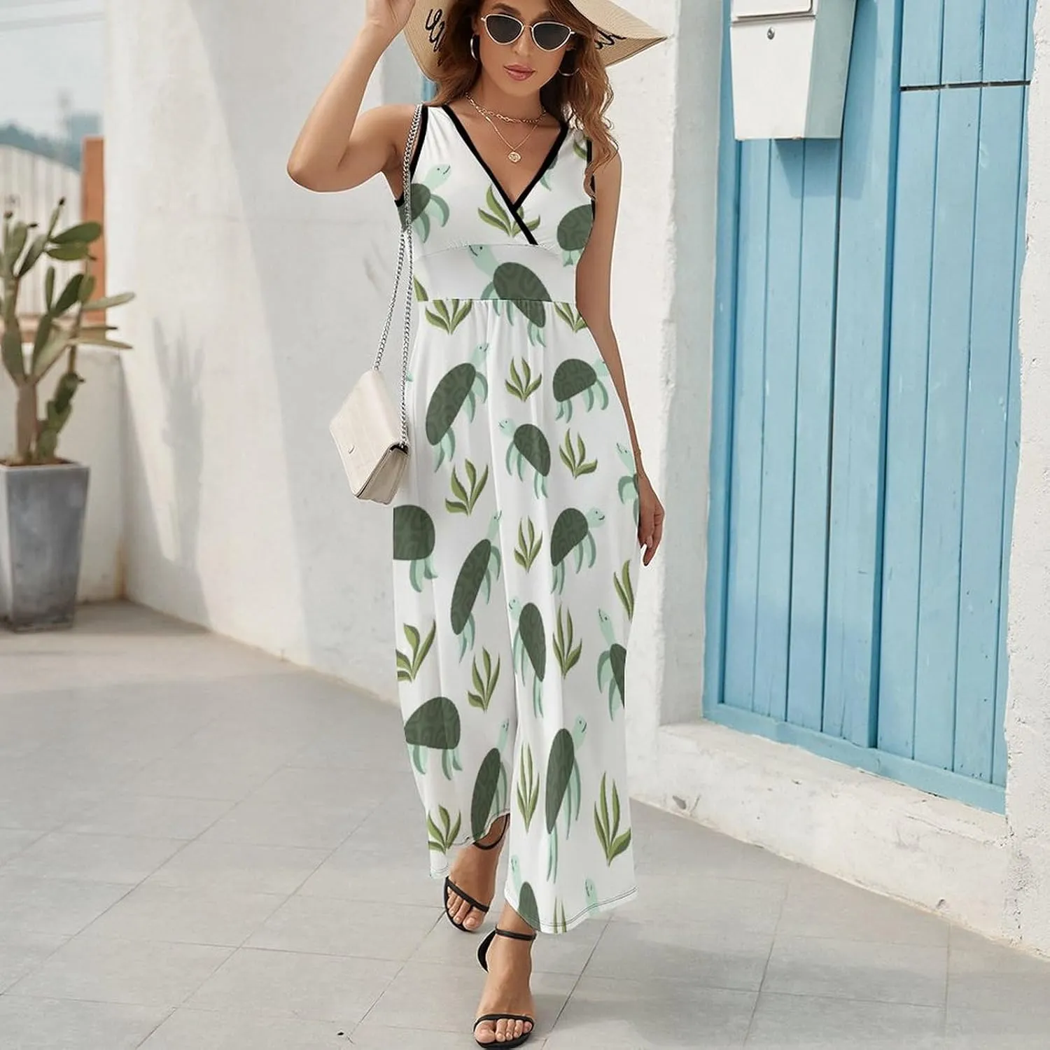 Womens Summer Maxi Dress Turtle Sea Grass Sundress Casual Sleeveless Long Dress