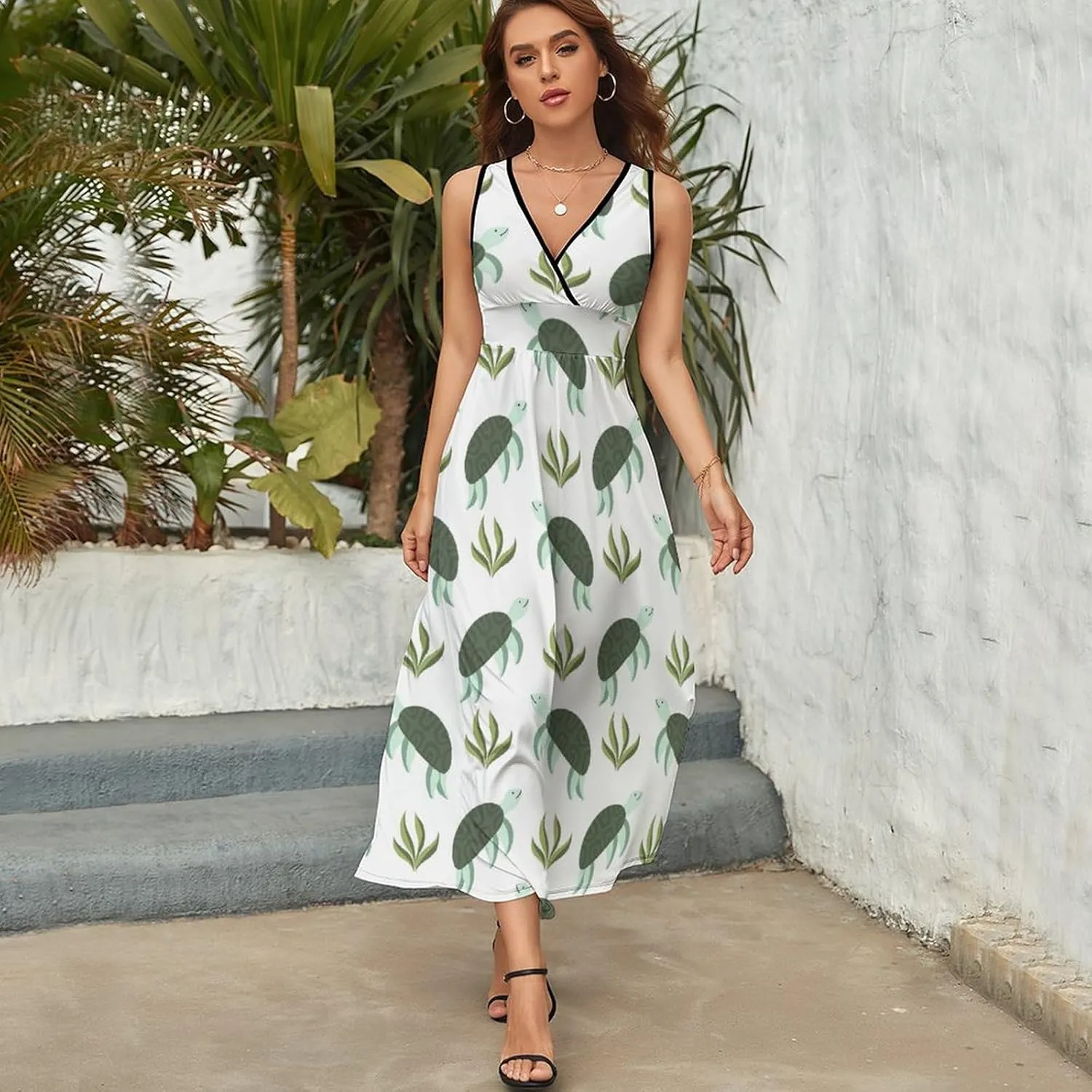 Womens Summer Maxi Dress Turtle Sea Grass Sundress Casual Sleeveless Long Dress
