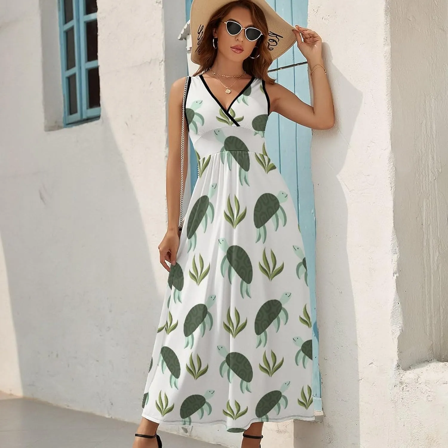 Womens Summer Maxi Dress Turtle Sea Grass Sundress Casual Sleeveless Long Dress