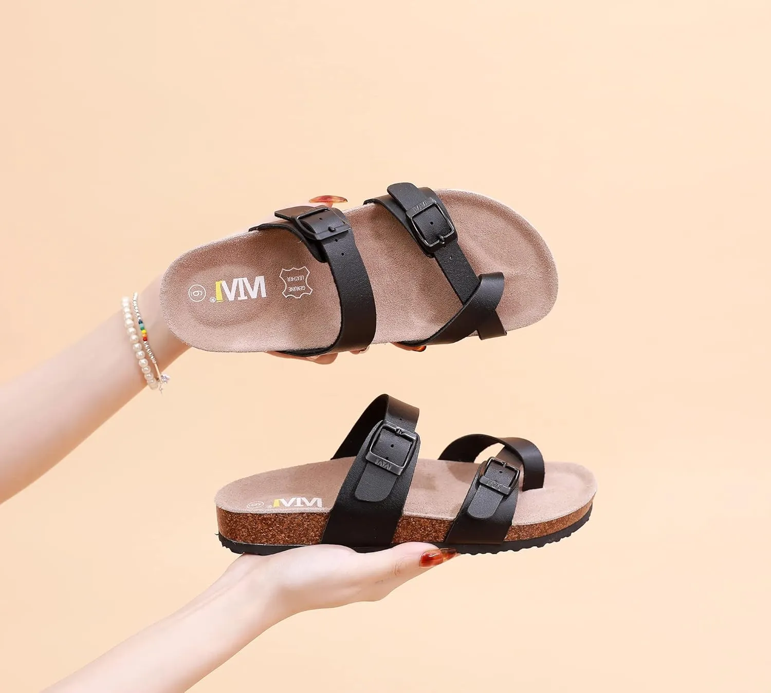 Women's Summer Sandals with Cork Footbed & Adjustable Buckle Suede Straps Open Toe Slides for Beach Vacation