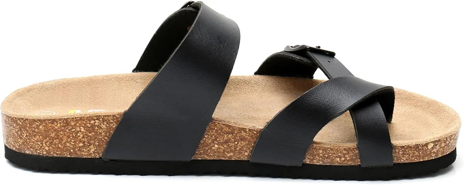 Women's Summer Sandals with Cork Footbed & Adjustable Buckle Suede Straps Open Toe Slides for Beach Vacation