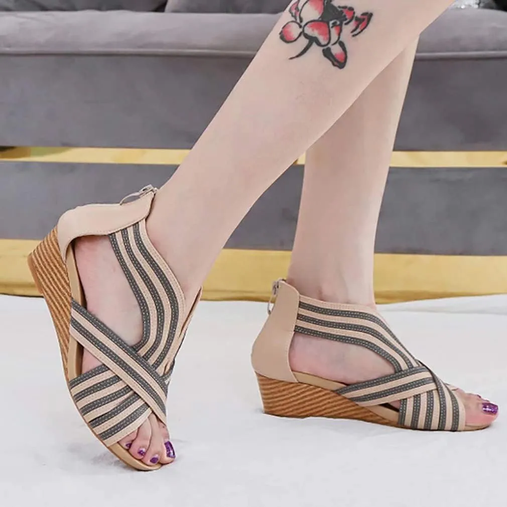 Women's Summer Wedge Sandals Gladiator Rhinestone High Heel Breathable Beach Sandals Roman Open Toe Casual Dress Sandals