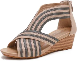 Women's Summer Wedge Sandals Gladiator Rhinestone High Heel Breathable Beach Sandals Roman Open Toe Casual Dress Sandals