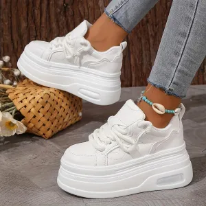 Women’s Trendy Platform Sneakers - Height Increasing Lace-Up Low Top Skate Shoes | Stylish Air Cushion Wedge Sole Trainers for Comfort & Style