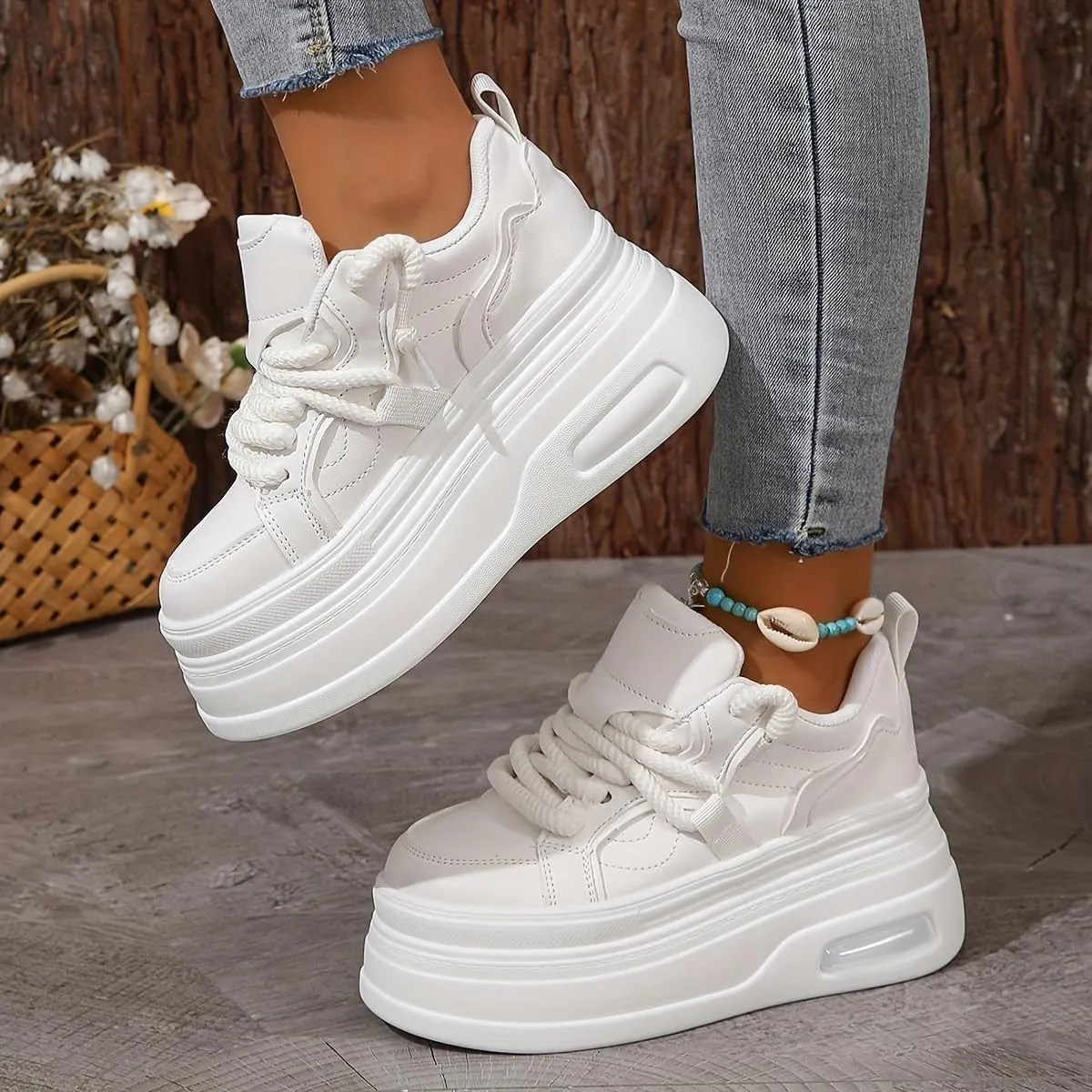 Women’s Trendy Platform Sneakers - Height Increasing Lace-Up Low Top Skate Shoes | Stylish Air Cushion Wedge Sole Trainers for Comfort & Style