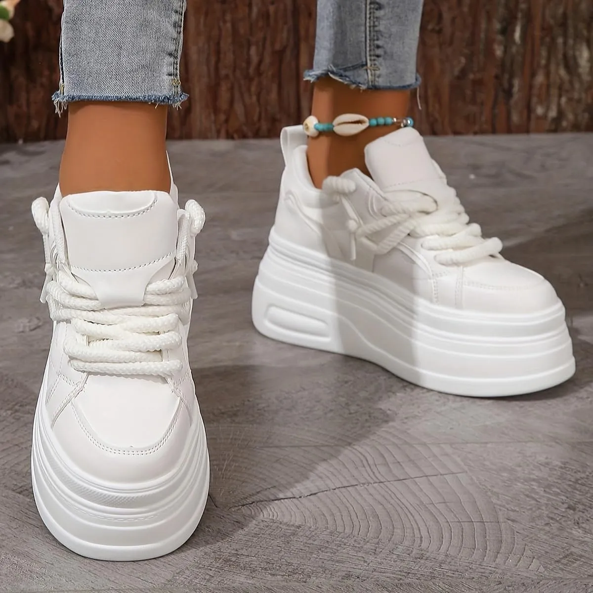 Women’s Trendy Platform Sneakers - Height Increasing Lace-Up Low Top Skate Shoes | Stylish Air Cushion Wedge Sole Trainers for Comfort & Style