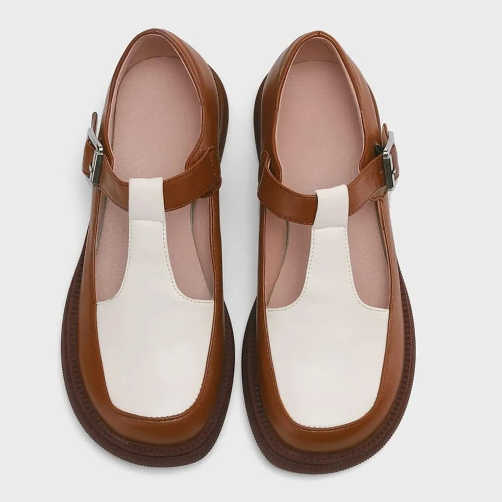 Women's Two Tone Mary Jane Flats Vintage T-Strap Round Toe Leather Low Heel Girls Dress Oxford Shoes