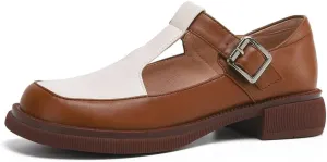 Women's Two Tone Mary Jane Flats Vintage T-Strap Round Toe Leather Low Heel Girls Dress Oxford Shoes