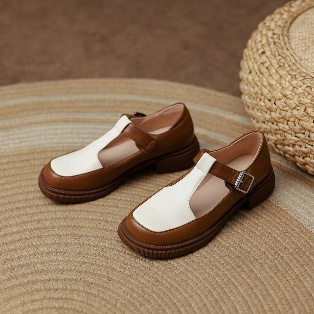 Women's Two Tone Mary Jane Flats Vintage T-Strap Round Toe Leather Low Heel Girls Dress Oxford Shoes