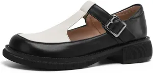 Women's Two Tone Mary Jane Flats Vintage T-Strap Round Toe Leather Low Heel Girls Dress Oxford Shoes