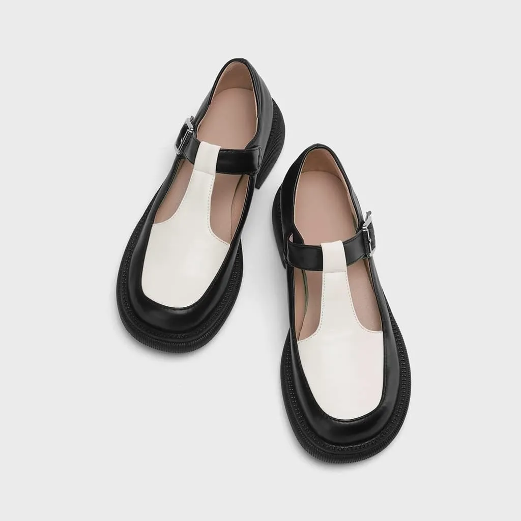 Women's Two Tone Mary Jane Flats Vintage T-Strap Round Toe Leather Low Heel Girls Dress Oxford Shoes