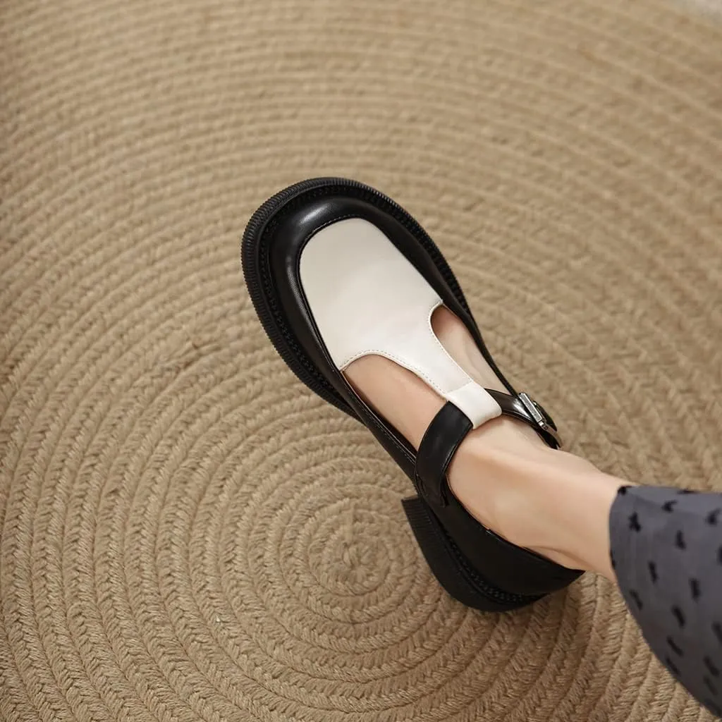Women's Two Tone Mary Jane Flats Vintage T-Strap Round Toe Leather Low Heel Girls Dress Oxford Shoes