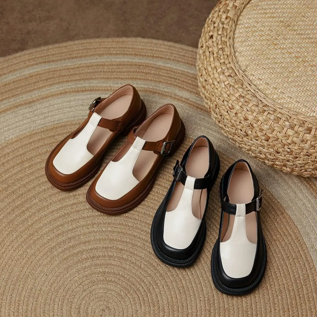 Women's Two Tone Mary Jane Flats Vintage T-Strap Round Toe Leather Low Heel Girls Dress Oxford Shoes