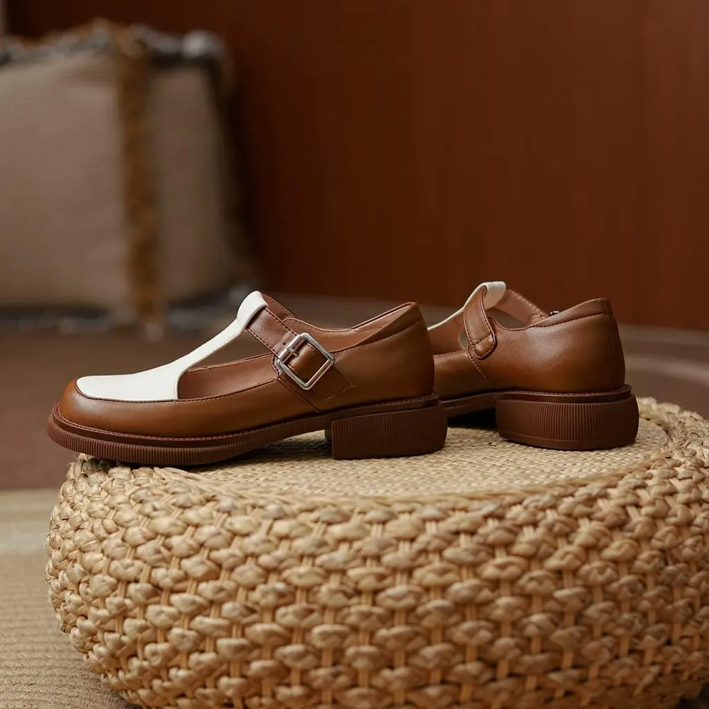 Women's Two Tone Mary Jane Flats Vintage T-Strap Round Toe Leather Low Heel Girls Dress Oxford Shoes