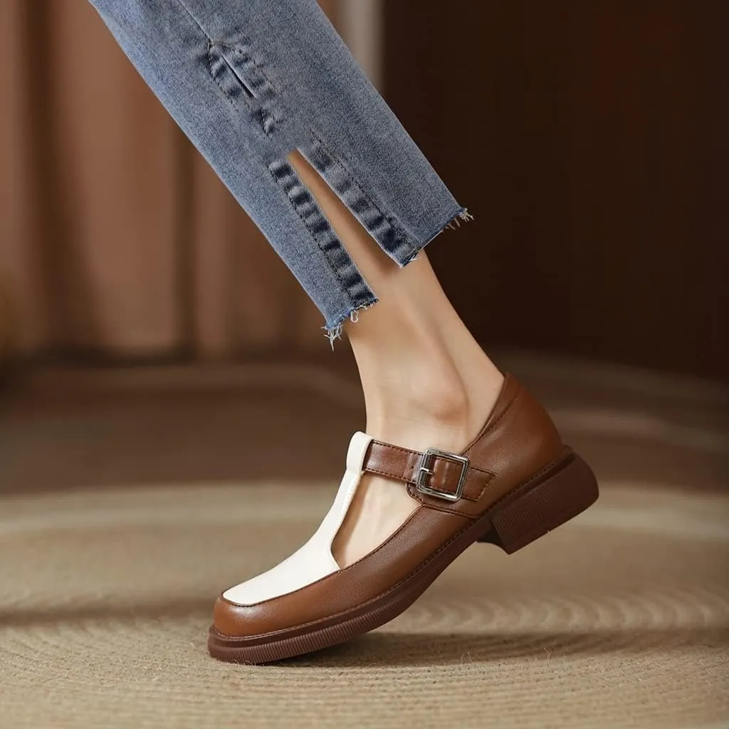 Women's Two Tone Mary Jane Flats Vintage T-Strap Round Toe Leather Low Heel Girls Dress Oxford Shoes