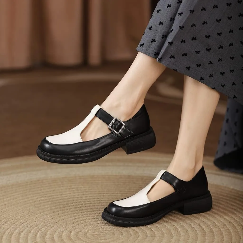 Women's Two Tone Mary Jane Flats Vintage T-Strap Round Toe Leather Low Heel Girls Dress Oxford Shoes