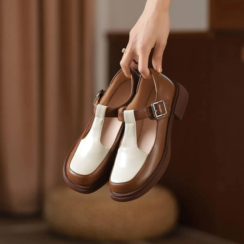 Women's Two Tone Mary Jane Flats Vintage T-Strap Round Toe Leather Low Heel Girls Dress Oxford Shoes