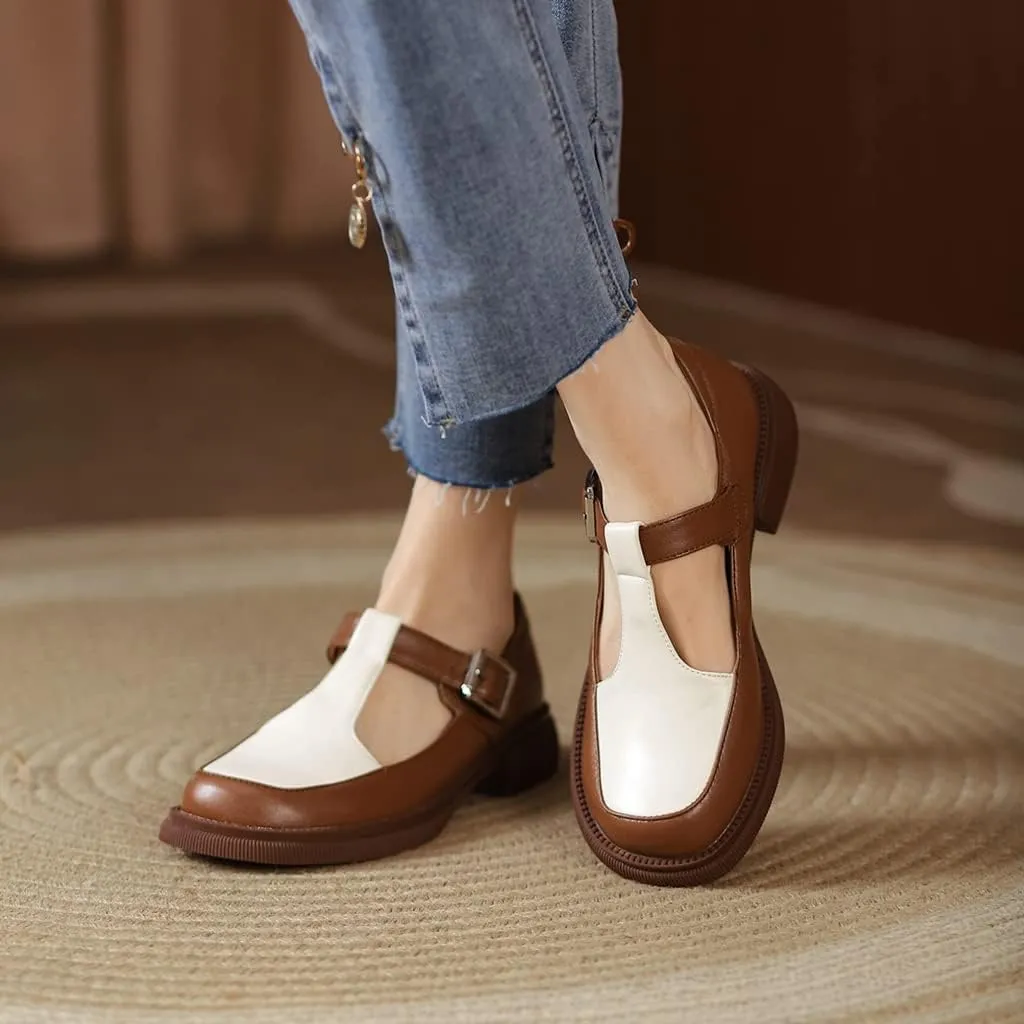 Women's Two Tone Mary Jane Flats Vintage T-Strap Round Toe Leather Low Heel Girls Dress Oxford Shoes