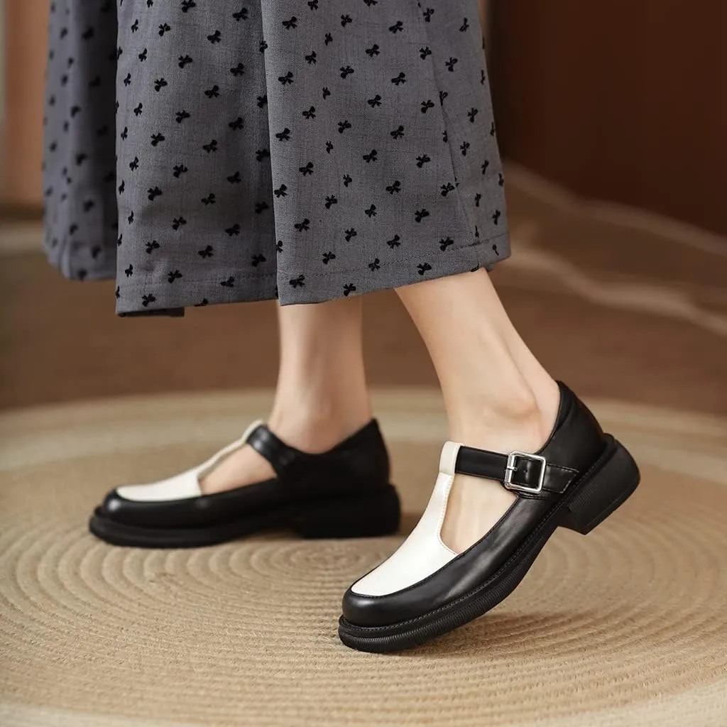 Women's Two Tone Mary Jane Flats Vintage T-Strap Round Toe Leather Low Heel Girls Dress Oxford Shoes