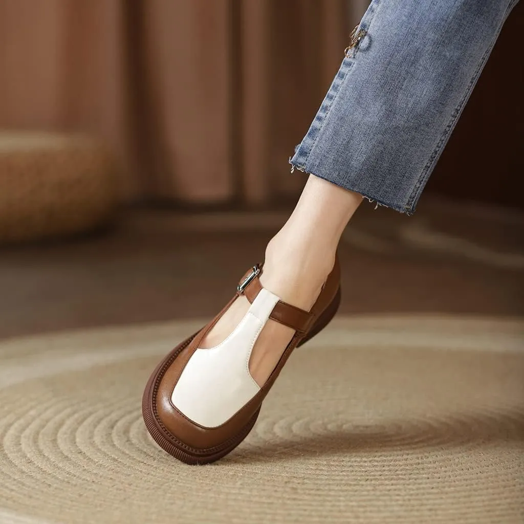 Women's Two Tone Mary Jane Flats Vintage T-Strap Round Toe Leather Low Heel Girls Dress Oxford Shoes