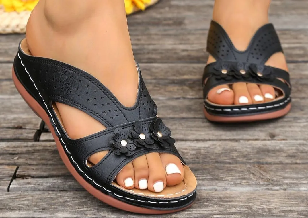 Women's Vintage Wedge Sandals, Breathable Hollow-Out,Slingback with Cloud Memory Foam & Arch Support,Flower Casual Slingback Sandals