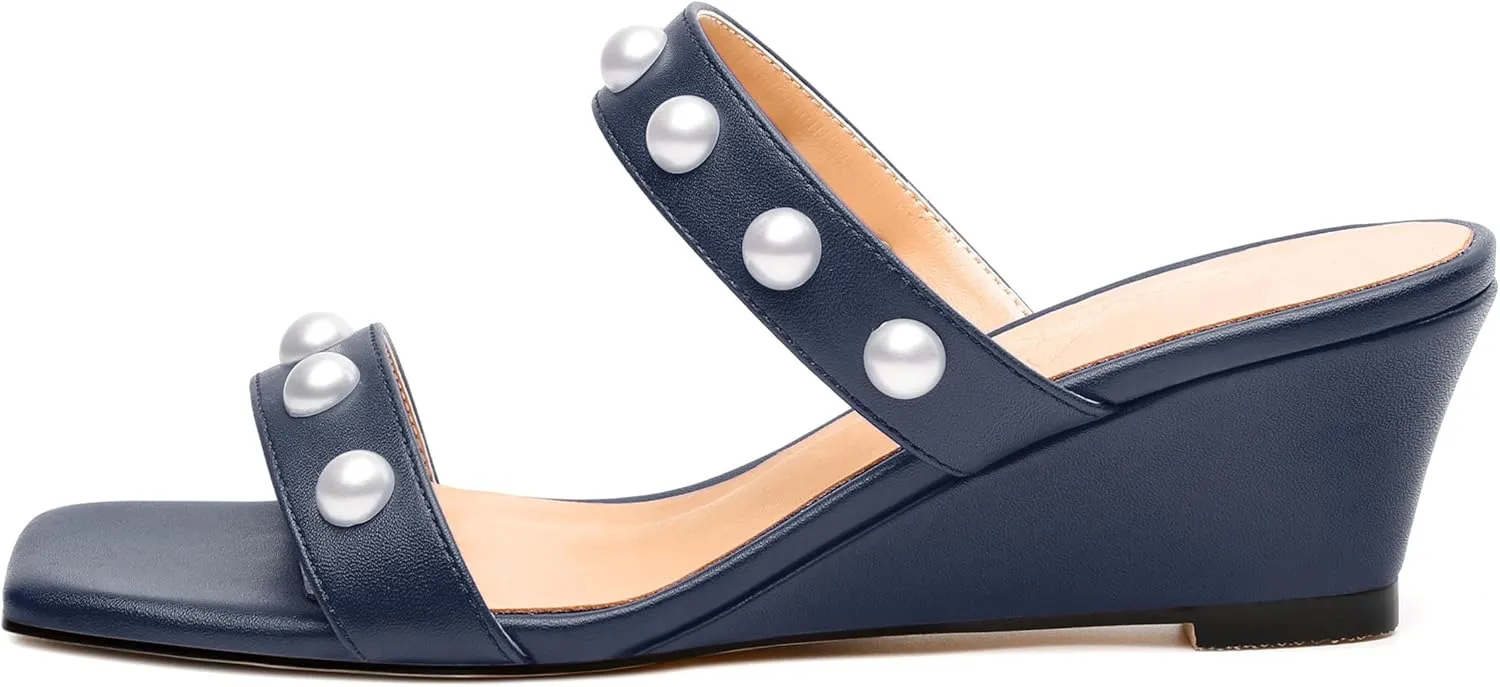 Womens Wedge Mid Heel Sandals, Open Toe Double Strap Leather Insole Sandals for Women, Slip-on Sandals with Pearls 2"