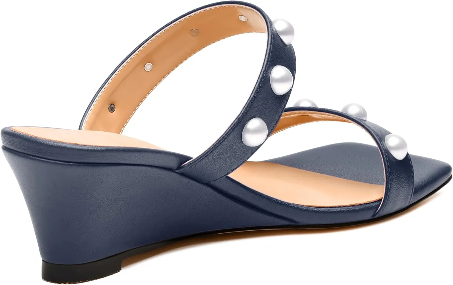 Womens Wedge Mid Heel Sandals, Open Toe Double Strap Leather Insole Sandals for Women, Slip-on Sandals with Pearls 2"