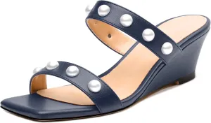 Womens Wedge Mid Heel Sandals, Open Toe Double Strap Leather Insole Sandals for Women, Slip-on Sandals with Pearls 2"