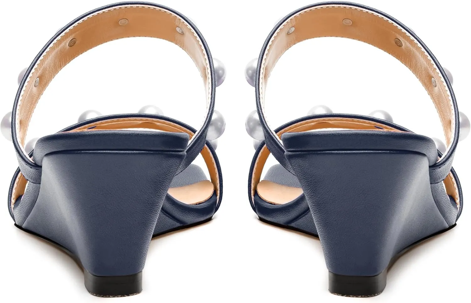 Womens Wedge Mid Heel Sandals, Open Toe Double Strap Leather Insole Sandals for Women, Slip-on Sandals with Pearls 2"