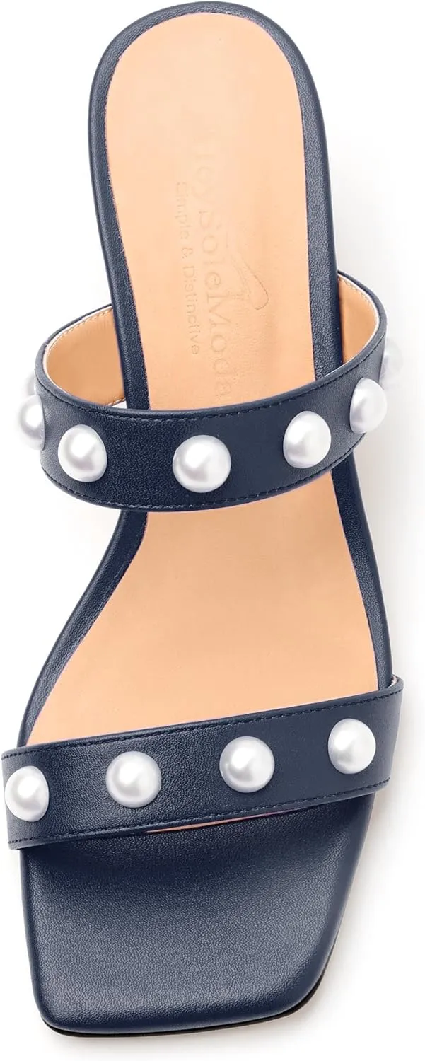 Womens Wedge Mid Heel Sandals, Open Toe Double Strap Leather Insole Sandals for Women, Slip-on Sandals with Pearls 2"