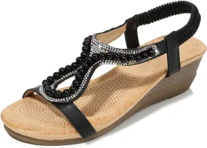 Womens Wedge Sandals, Comfortable Summer Open Toe Sparkly Rhinestone Breathable Shoes for Party, Wedding, and Fashion Dress