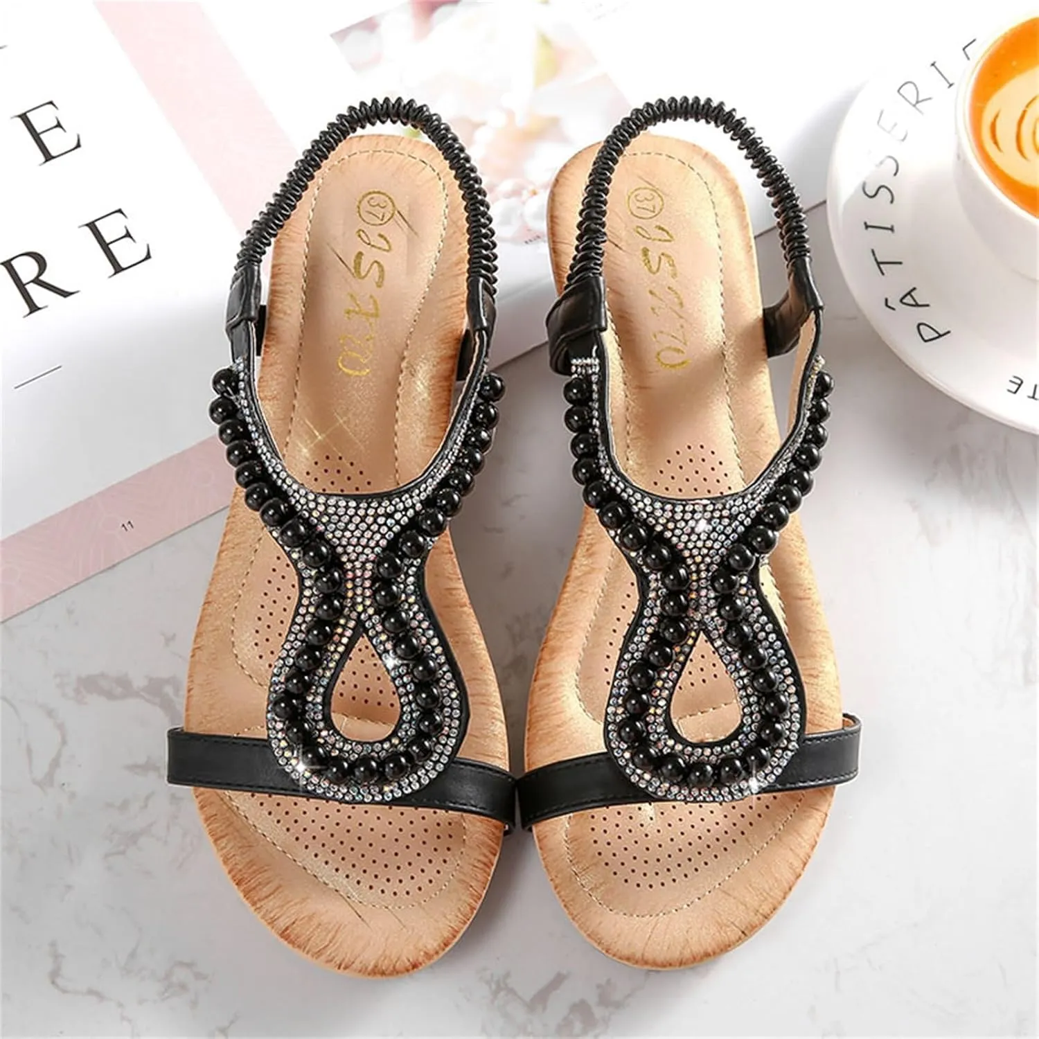 Womens Wedge Sandals, Comfortable Summer Open Toe Sparkly Rhinestone Breathable Shoes for Party, Wedding, and Fashion Dress
