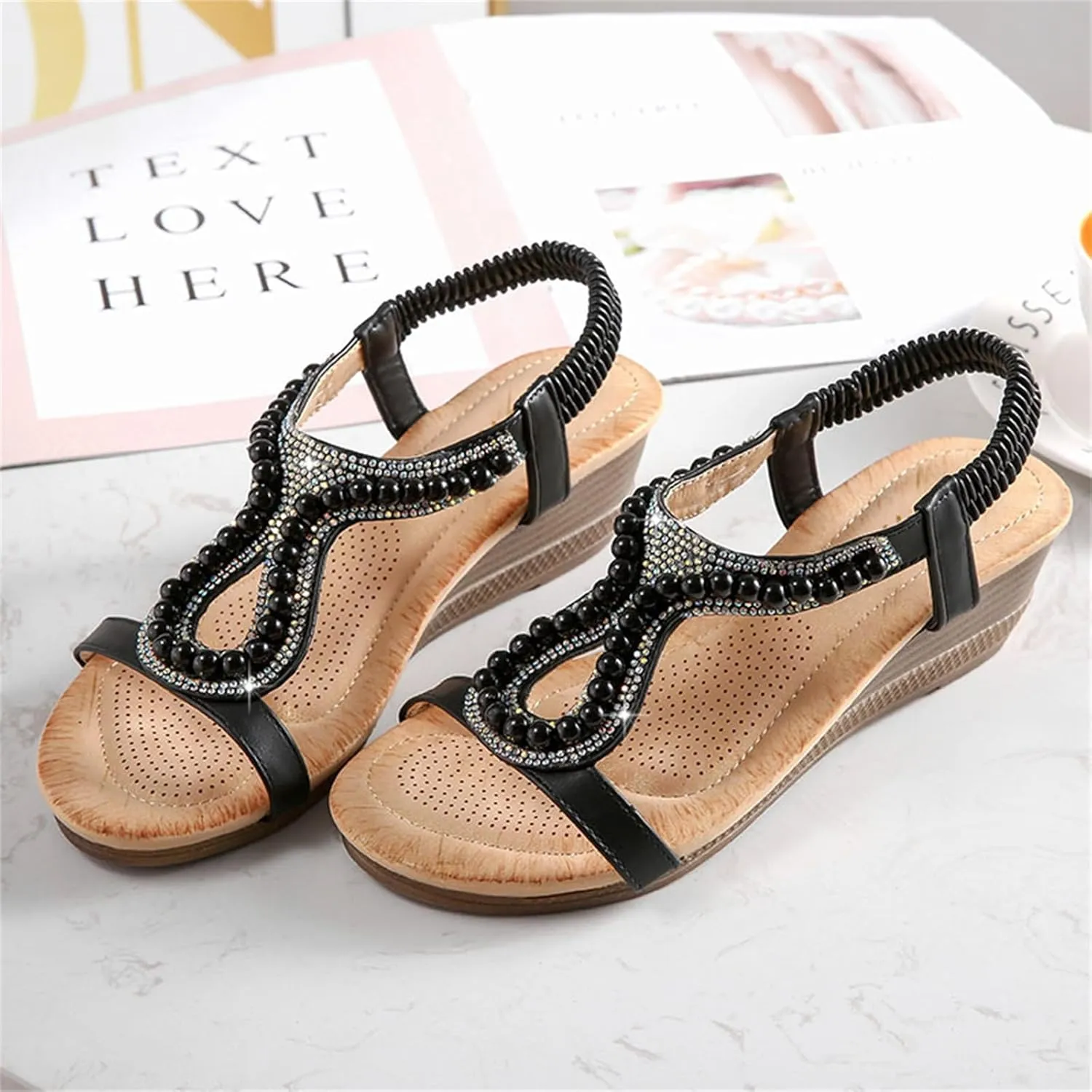 Womens Wedge Sandals, Comfortable Summer Open Toe Sparkly Rhinestone Breathable Shoes for Party, Wedding, and Fashion Dress