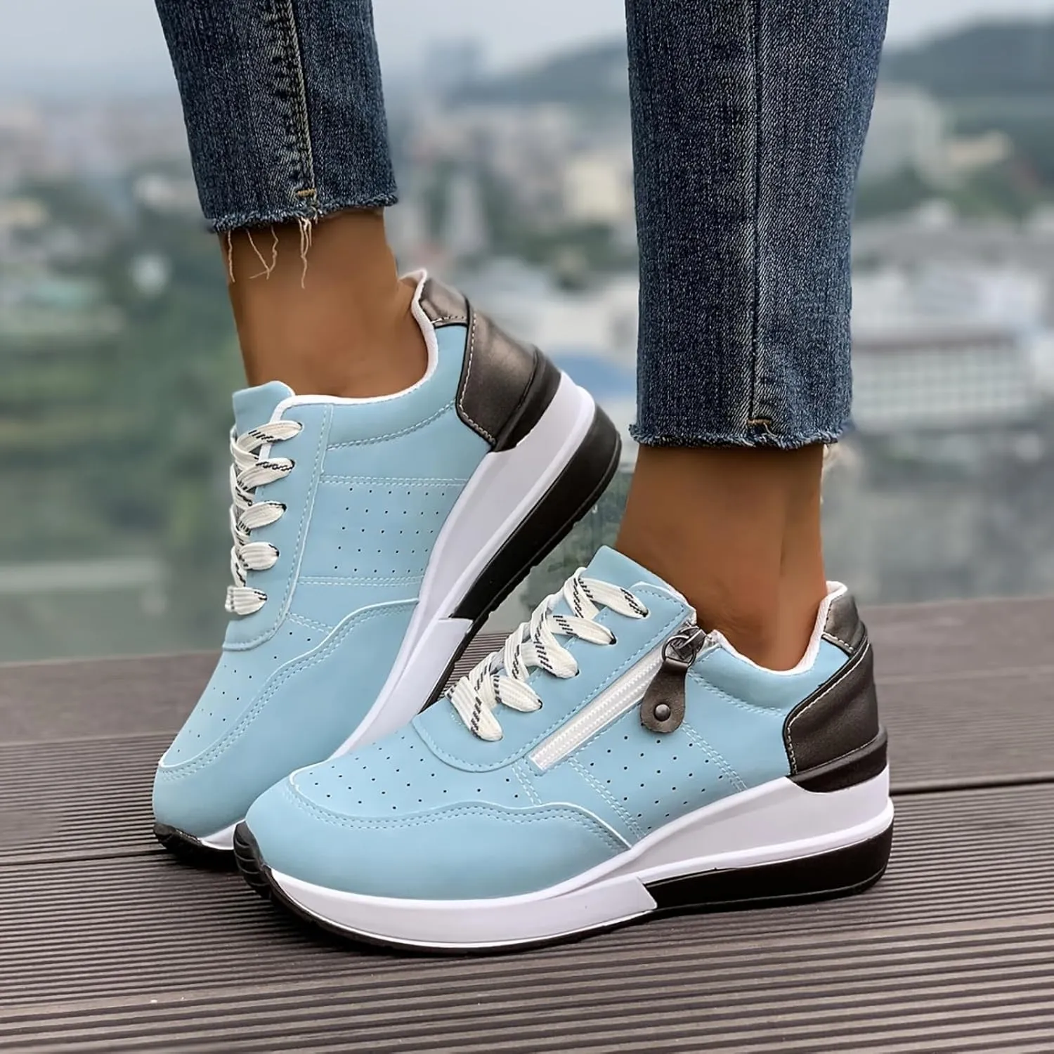 Women's Zipper Platform Tennis Shoes Wedge Sneakers Fashion Canvas Casual Hidden Heel Slip On Sneaker Non Side Low-Top Lace-Up Solid Color with Comfortable Lightweight Walking