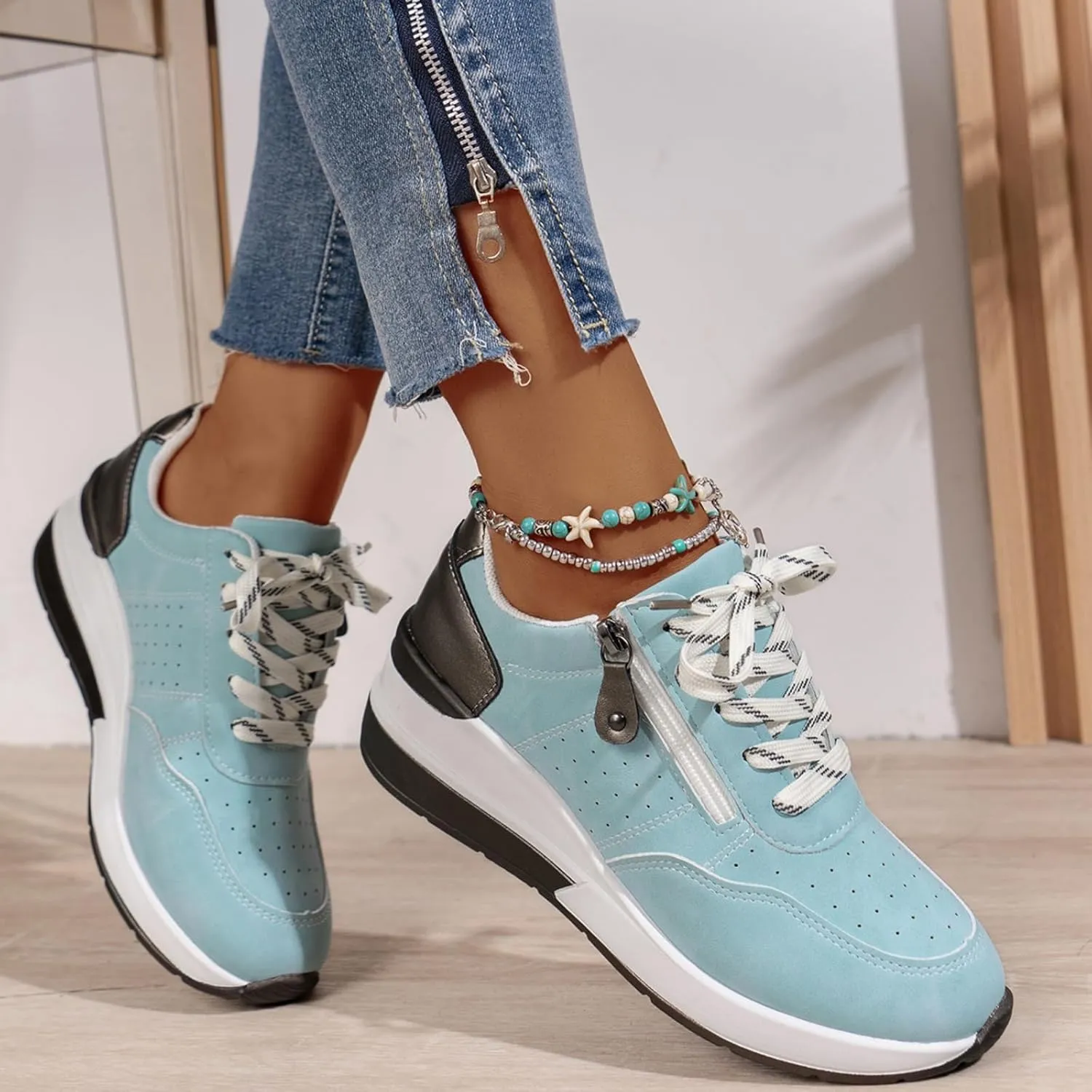 Women's Zipper Platform Tennis Shoes Wedge Sneakers Fashion Canvas Casual Hidden Heel Slip On Sneaker Non Side Low-Top Lace-Up Solid Color with Comfortable Lightweight Walking