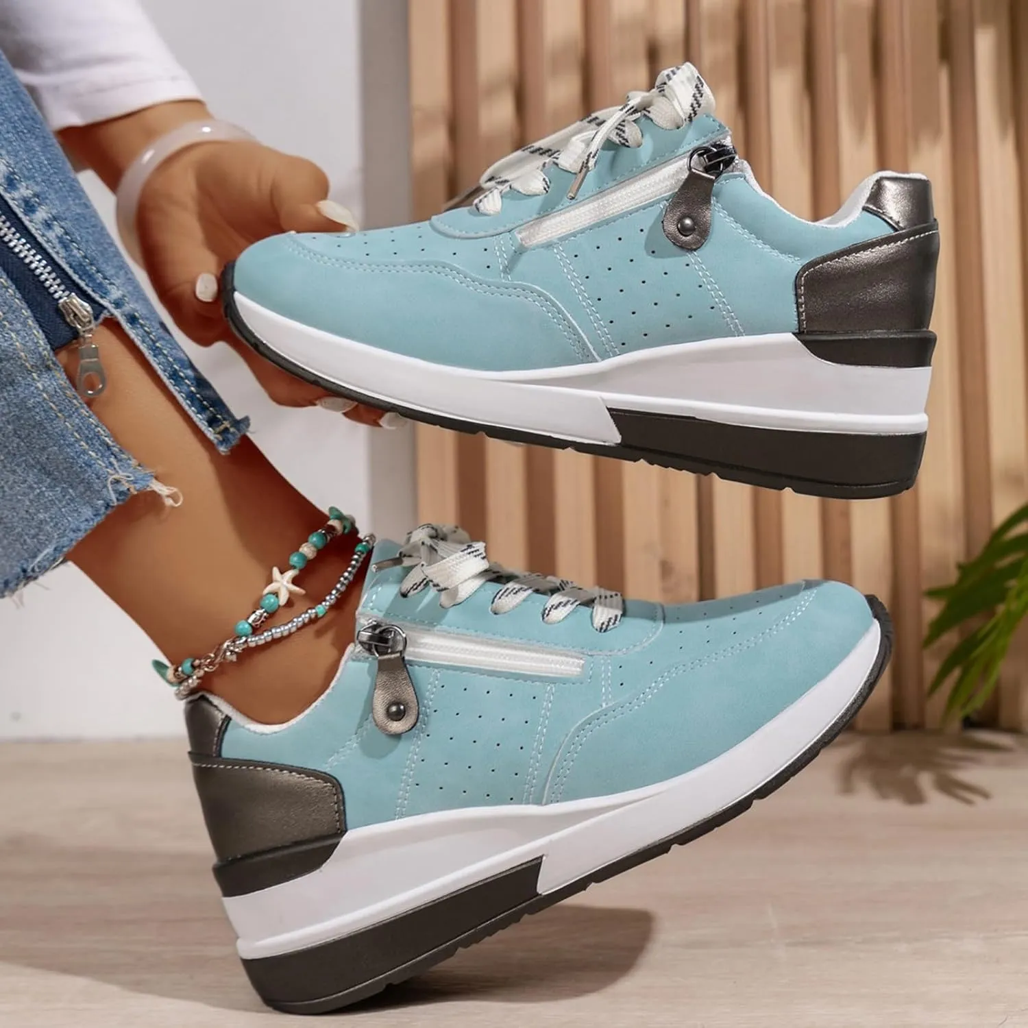 Women's Zipper Platform Tennis Shoes Wedge Sneakers Fashion Canvas Casual Hidden Heel Slip On Sneaker Non Side Low-Top Lace-Up Solid Color with Comfortable Lightweight Walking